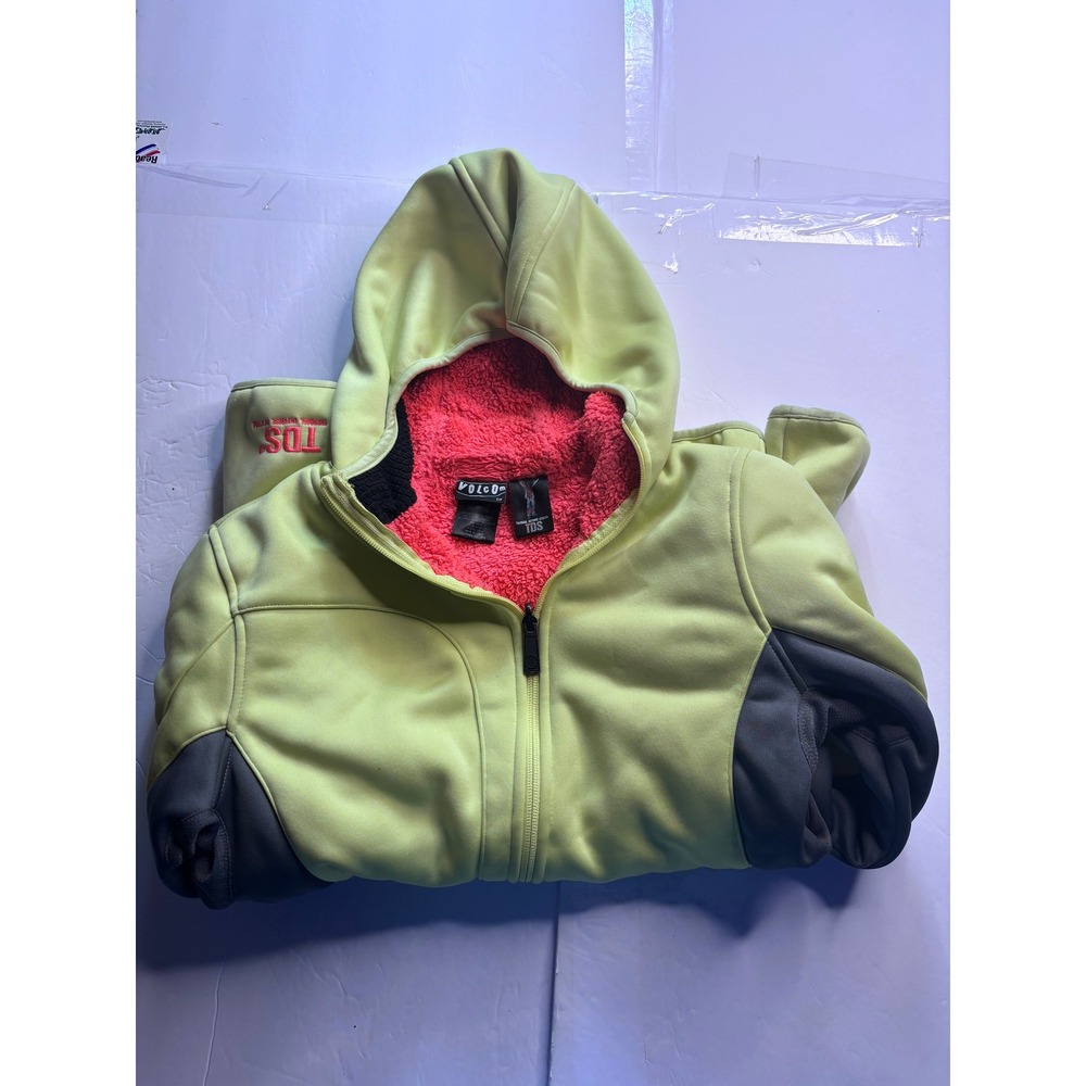 Volcom TDS Thermal Defense System Hoodie Lime Green Pink Fleece Lined Womens M